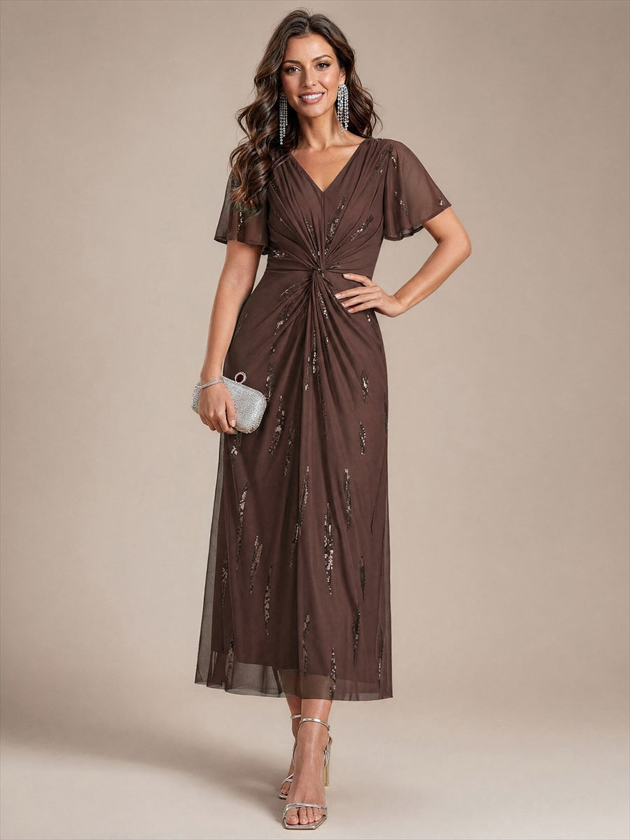 Color=Chocolate brown|Factory Design Short Sleeve Ruffle Sheath V-Neck High Stretch Wedding Guest Dresses-Chocolate brown 6