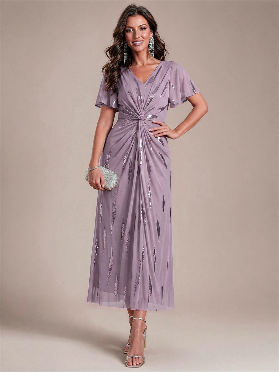 Color=Dusty mauve|Factory Design Short Sleeve Ruffle Sheath V-Neck High Stretch Wedding Guest Dresses-Dusty mauve