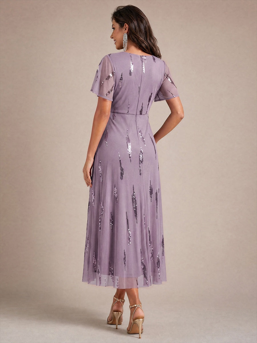 Color=Dusty mauve|Factory Design Short Sleeve Ruffle Sheath V-Neck High Stretch Wedding Guest Dresses-Dusty mauve 2