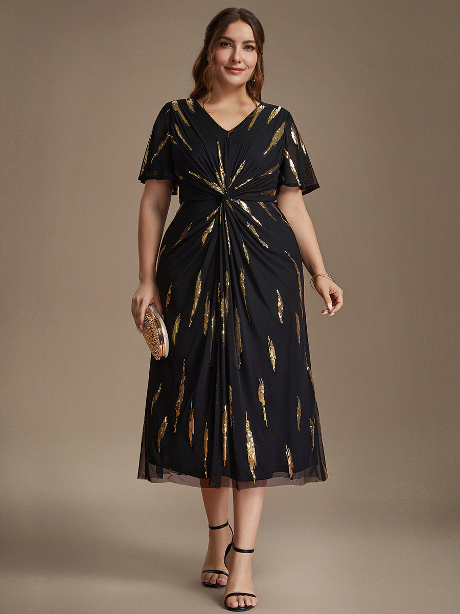 Color=Black Gold | Factory Design Short Sleeve Ruffle Sheath V-Neck High Stretch Wedding Guest Dresses-Black Gold 6