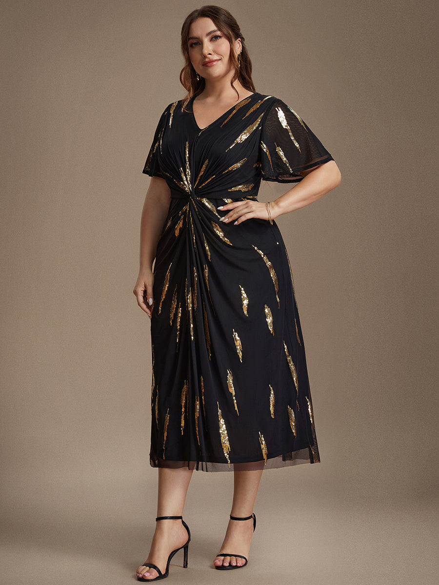 Color=Black Gold | Factory Design Short Sleeve Ruffle Sheath V-Neck High Stretch Wedding Guest Dresses-Black Gold 9