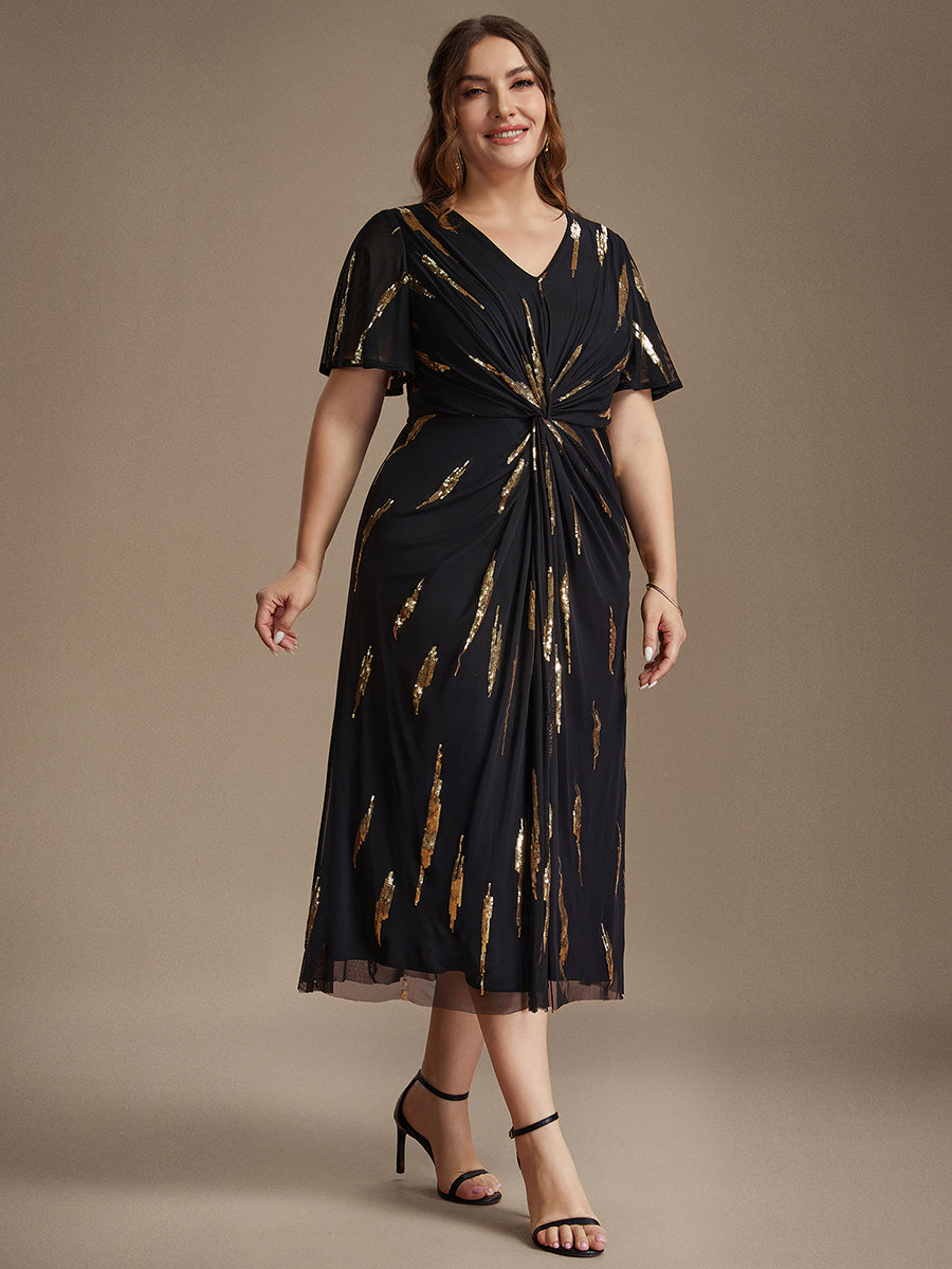 Color=Black Gold | Factory Design Short Sleeve Ruffle Sheath V-Neck High Stretch Wedding Guest Dresses-Black Gold 10