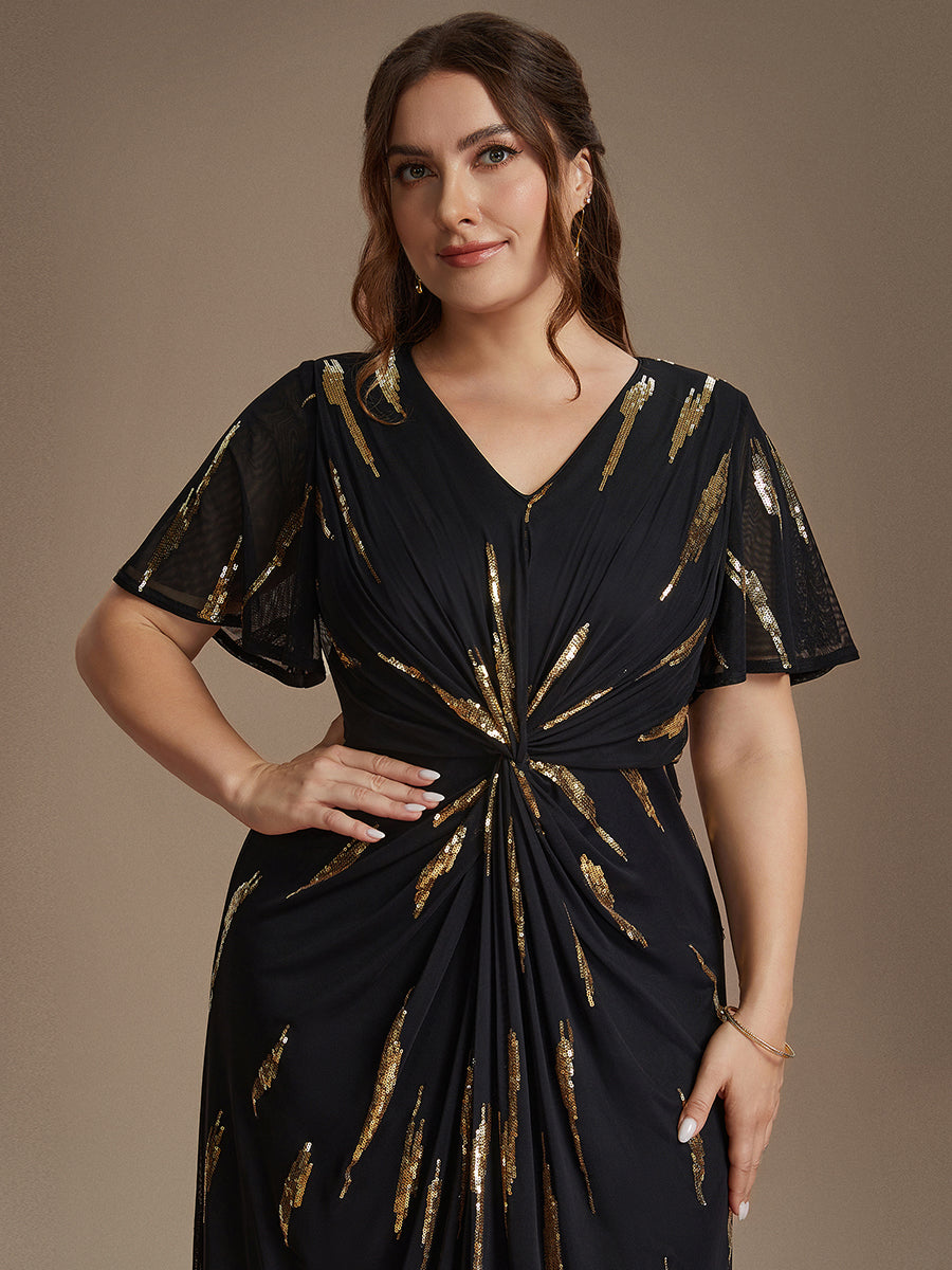 Color=Black Gold | Factory Design Short Sleeve Ruffle Sheath V-Neck High Stretch Wedding Guest Dresses-Black Gold 8