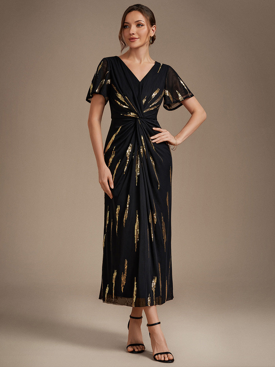 Color=Black Gold | Factory Design Short Sleeve Ruffle Sheath V-Neck High Stretch Wedding Guest Dresses-Black Gold 1