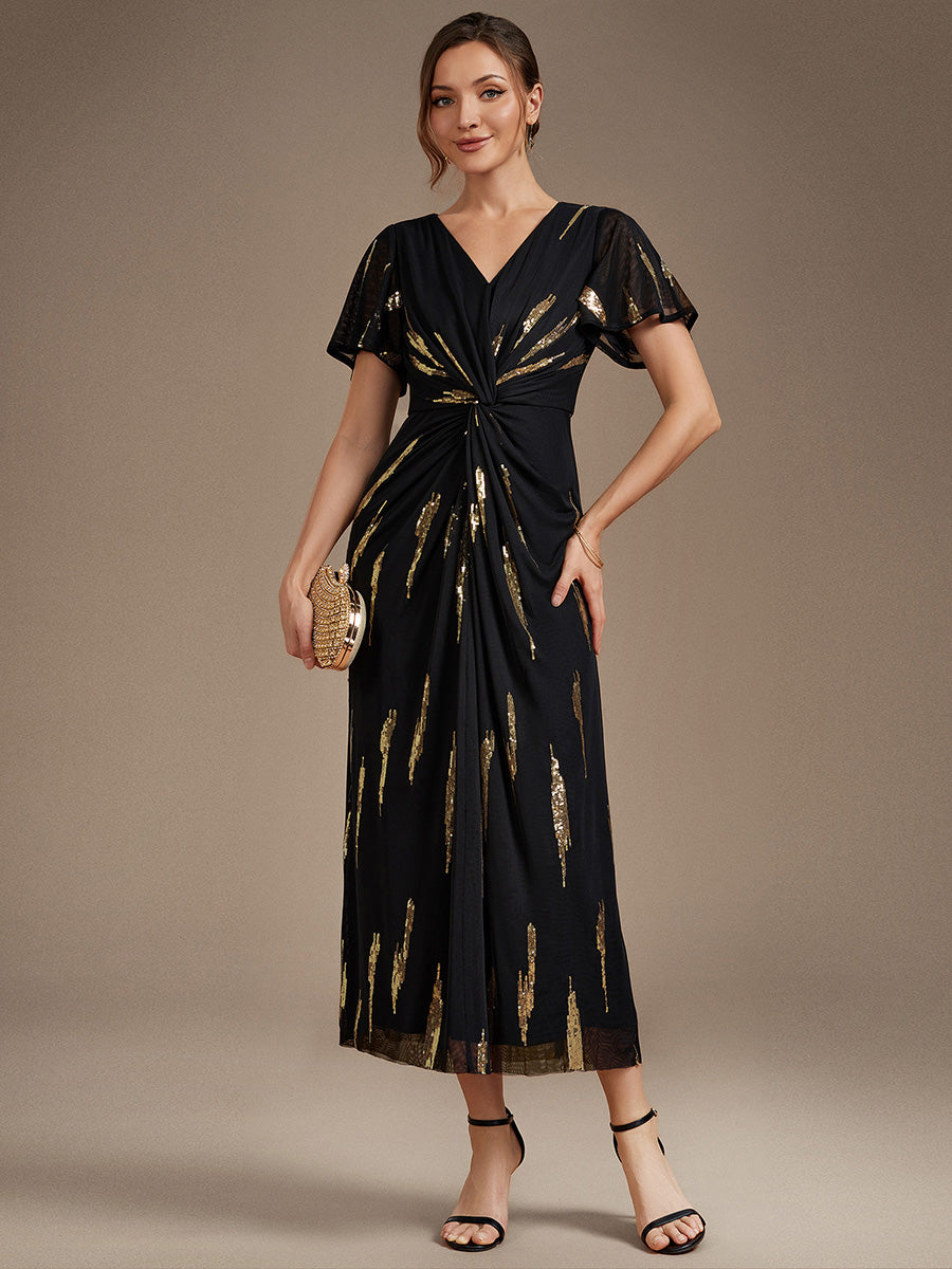 Color=Black Gold | Factory Design Short Sleeve Ruffle Sheath V-Neck High Stretch Wedding Guest Dresses-Black Gold 5