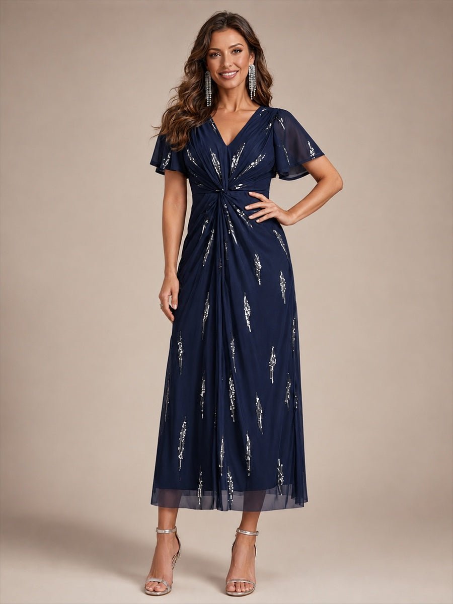 Color=Navy Blue | Factory Design Short Sleeve Ruffle Sheath V-Neck High Stretch Wedding Guest Dresses-Navy Blue 1