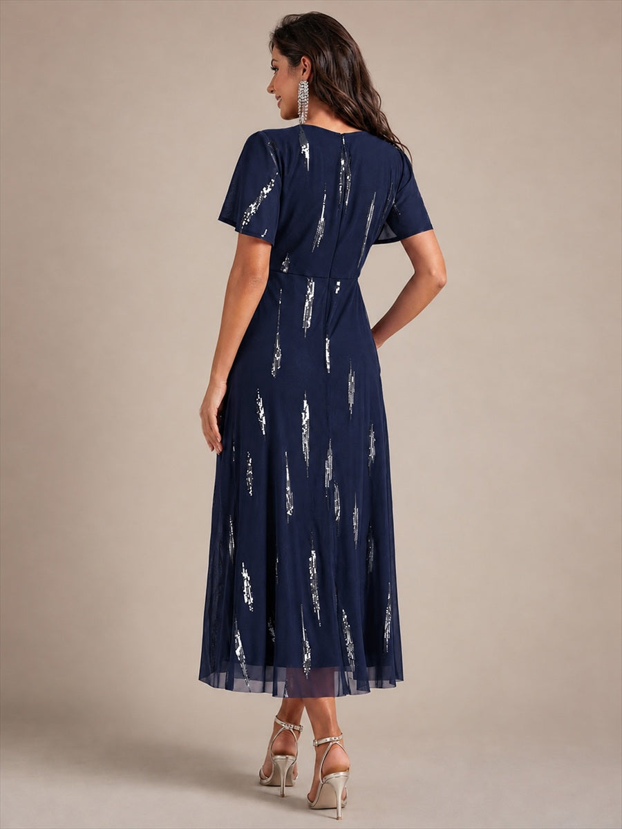 Color=Navy Blue | Factory Design Short Sleeve Ruffle Sheath V-Neck High Stretch Wedding Guest Dresses-Navy Blue 2