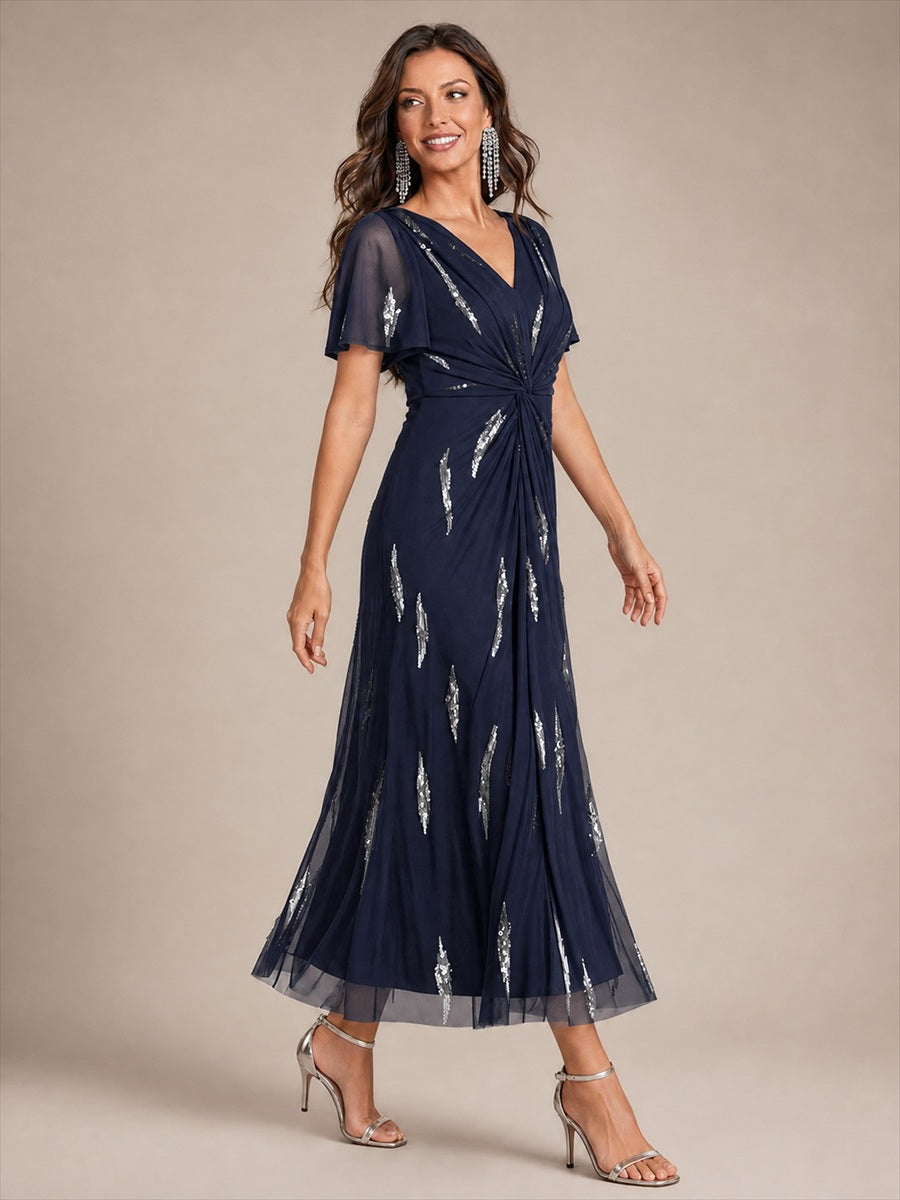 Color=Navy Blue | Factory Design Short Sleeve Ruffle Sheath V-Neck High Stretch Wedding Guest Dresses-Navy Blue 3