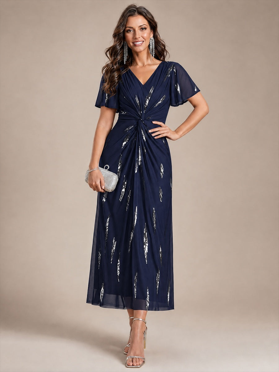 Color=Navy Blue | Factory Design Short Sleeve Ruffle Sheath V-Neck High Stretch Wedding Guest Dresses-Navy Blue 4