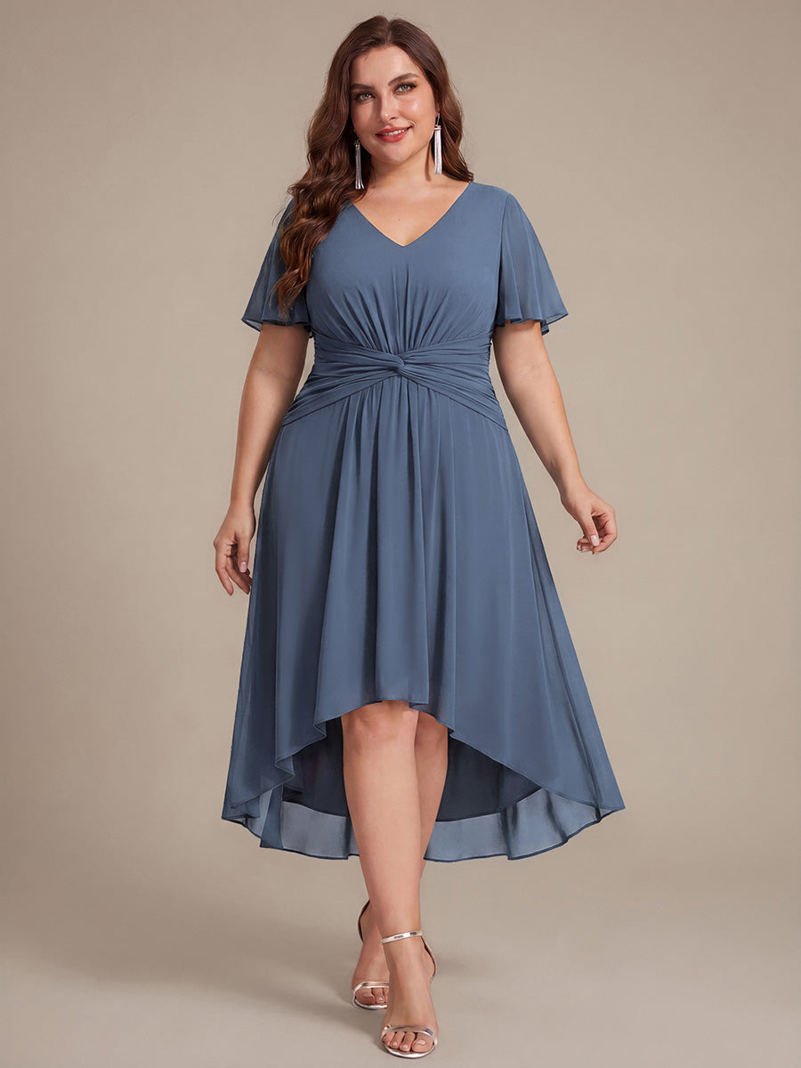 Color=Dusty Blue | Commercial Wholesale Short Sleeve Ruffle V-Neck A-Line High-Low Wedding Guest Dresses-Dusty Blue 6