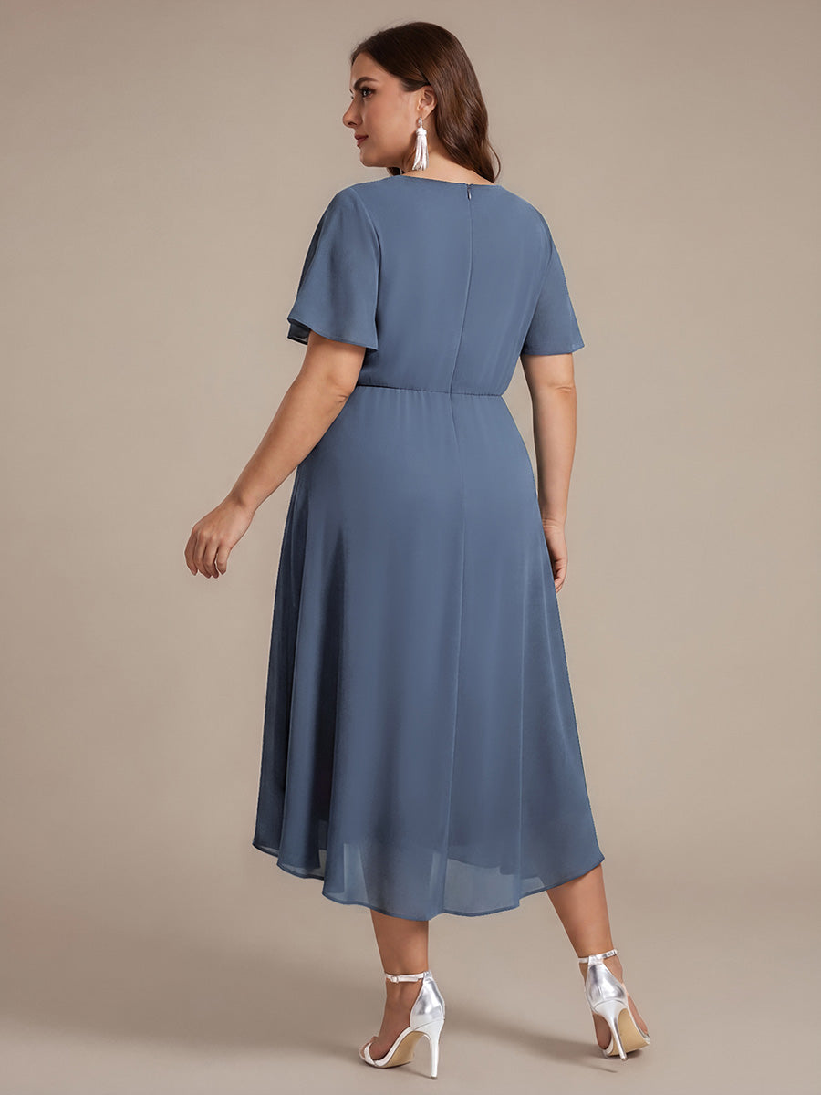 Color=Dusty Blue | Commercial Wholesale Short Sleeve Ruffle V-Neck A-Line High-Low Wedding Guest Dresses-Dusty Blue 7