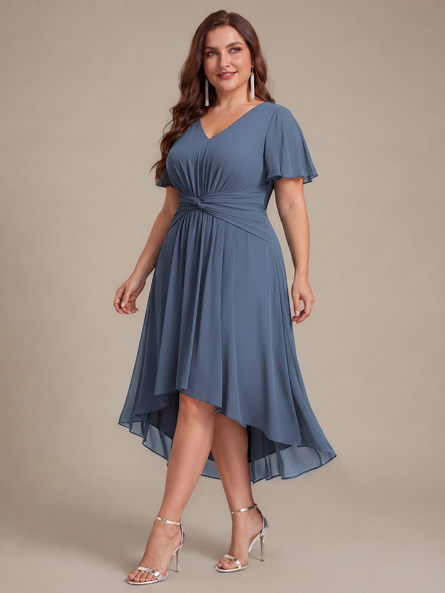 Color=Dusty Blue | Commercial Wholesale Short Sleeve Ruffle V-Neck A-Line High-Low Wedding Guest Dresses-Dusty Blue 9