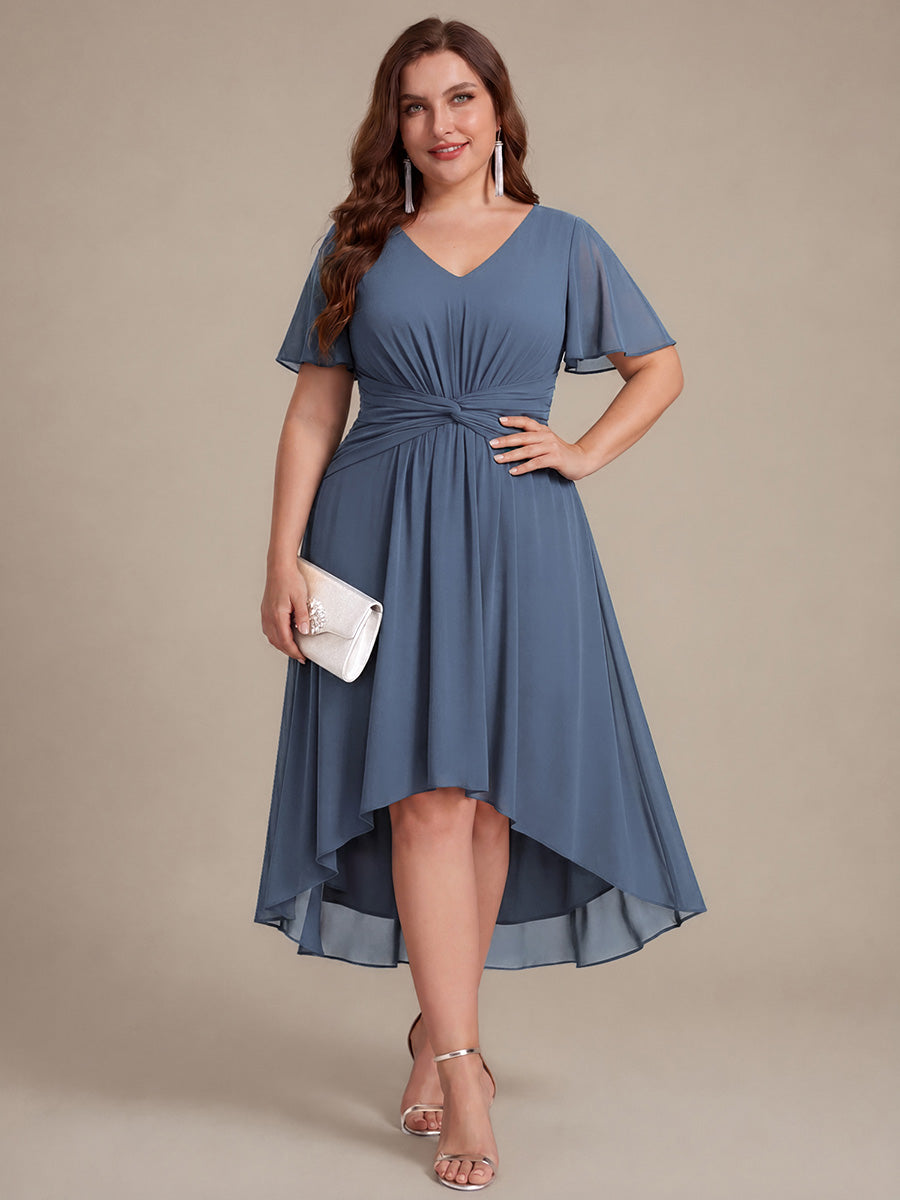Color=Dusty Blue | Commercial Wholesale Short Sleeve Ruffle V-Neck A-Line High-Low Wedding Guest Dresses-Dusty Blue 10