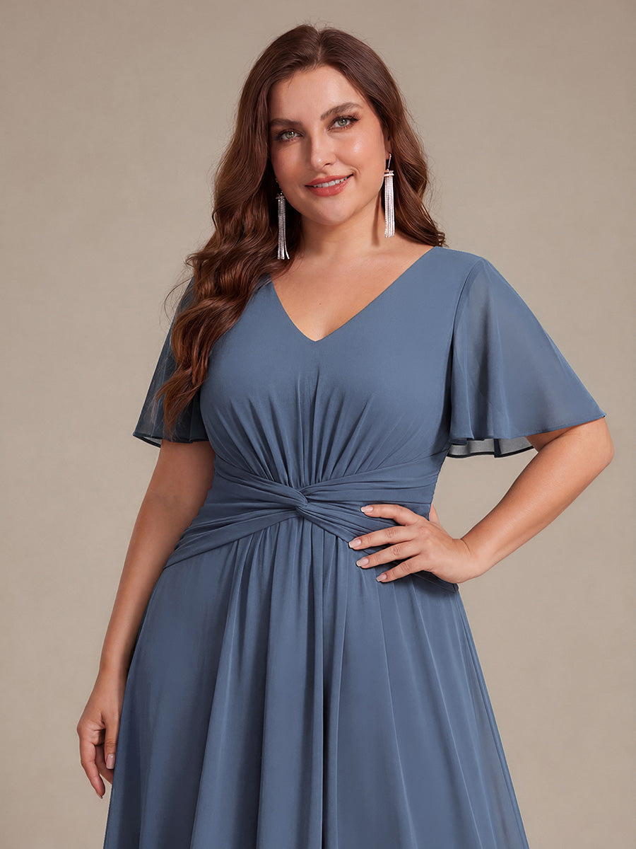 Color=Dusty Blue | Commercial Wholesale Short Sleeve Ruffle V-Neck A-Line High-Low Wedding Guest Dresses-Dusty Blue 8