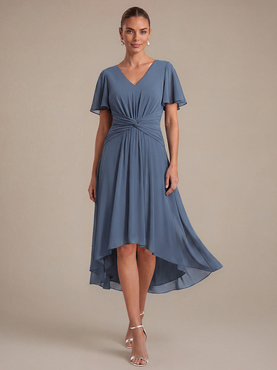Color=Dusty Blue | Commercial Wholesale Short Sleeve Ruffle V-Neck A-Line High-Low Wedding Guest Dresses-Dusty Blue 1