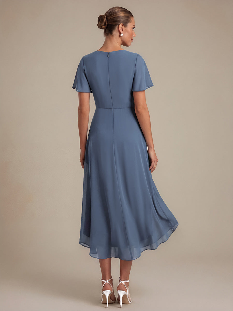 Color=Dusty Blue | Commercial Wholesale Short Sleeve Ruffle V-Neck A-Line High-Low Wedding Guest Dresses-Dusty Blue 2