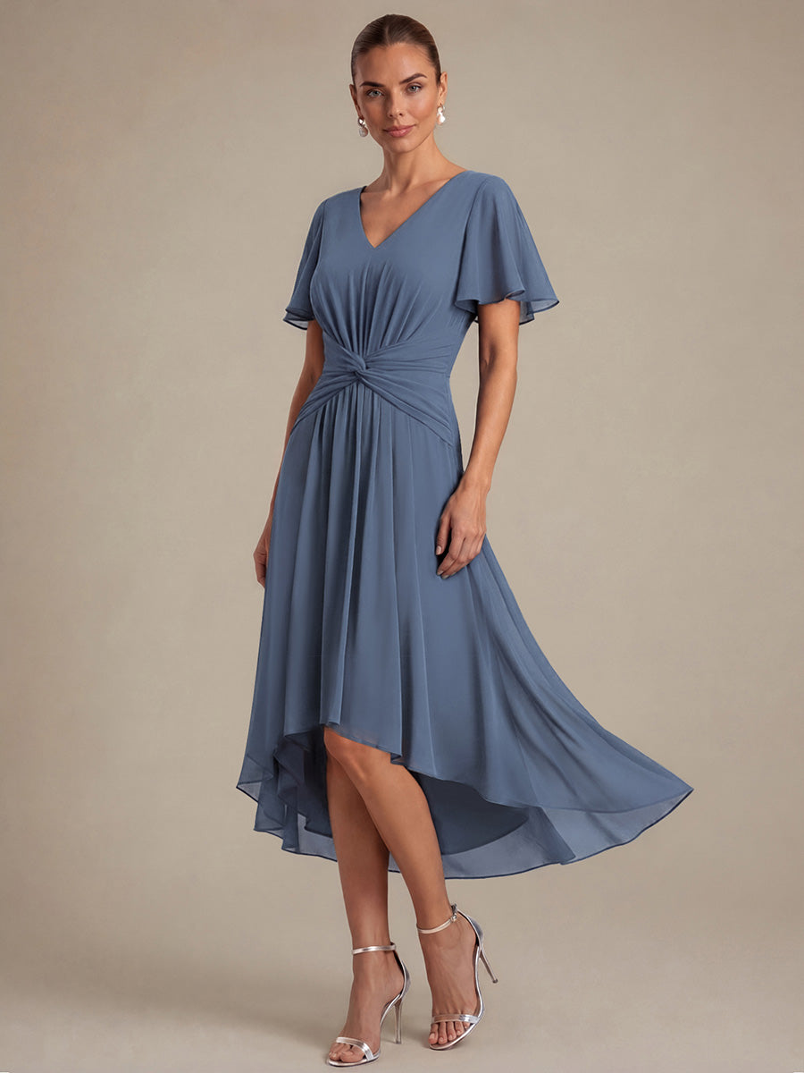 Color=Dusty Blue | Commercial Wholesale Short Sleeve Ruffle V-Neck A-Line High-Low Wedding Guest Dresses-Dusty Blue 4