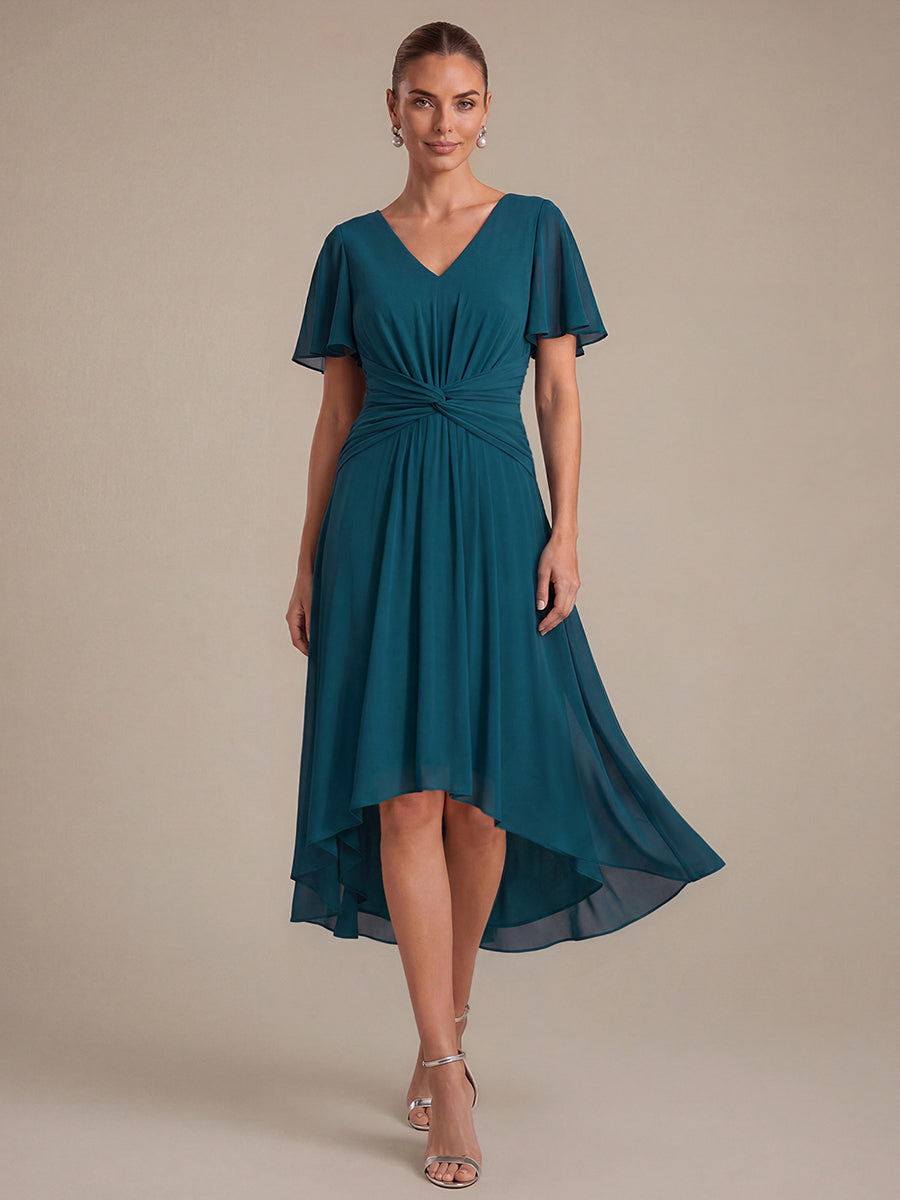 Commercial Wholesale Short Sleeve Ruffle V-Neck A-Line High-Low Wedding Guest Dresses