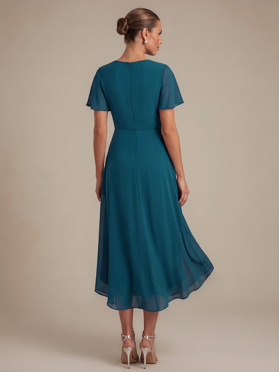Commercial Wholesale Short Sleeve Ruffle V-Neck A-Line High-Low Wedding Guest Dresses