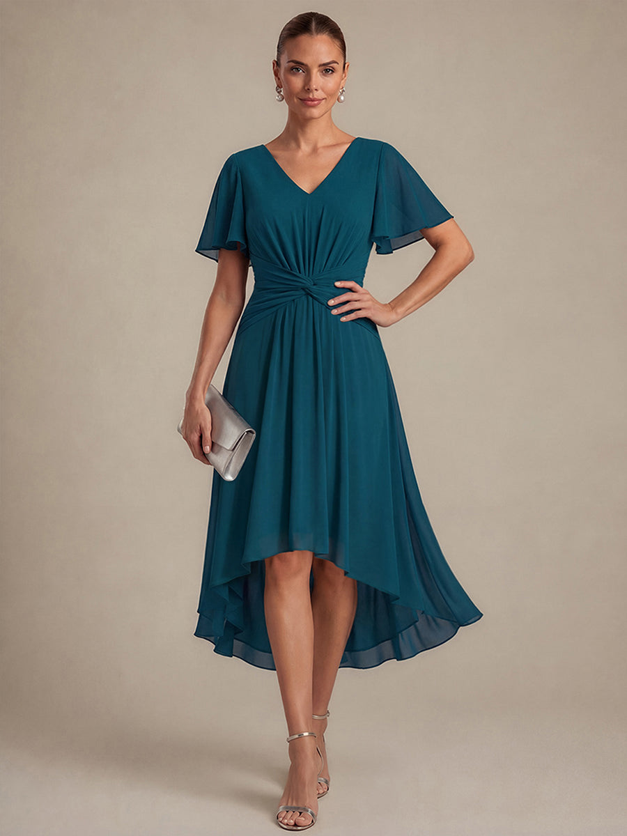 Commercial Wholesale Short Sleeve Ruffle V-Neck A-Line High-Low Wedding Guest Dresses