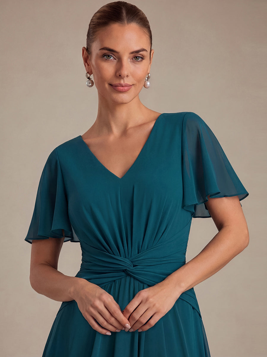 Commercial Wholesale Short Sleeve Ruffle V-Neck A-Line High-Low Wedding Guest Dresses