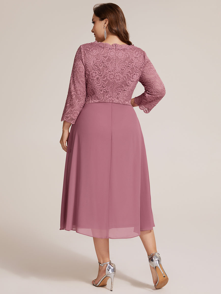 Color=Purple Orchid | One Stop Shop Three-Quarter Sleeve V-Neck Sheath Lace Trim Midi Wedding Guest Dresses-Purple Orchid 7