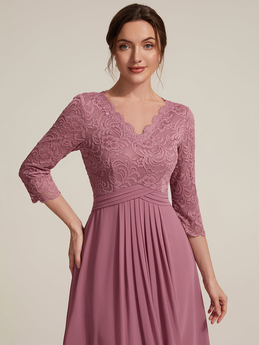 Color=Purple Orchid | One Stop Shop Three-Quarter Sleeve V-Neck Sheath Lace Trim Midi Wedding Guest Dresses-Purple Orchid 3