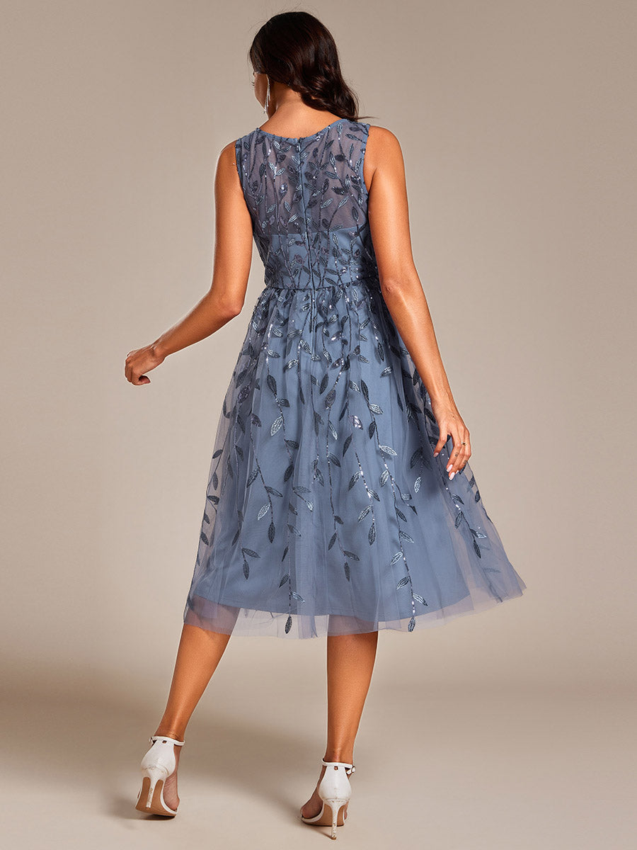 Color= | Exquisite Round Neckline Sleeveless Tulle Sequin Lining Dresses with Jacquard decoration -Dusty Blue 23
