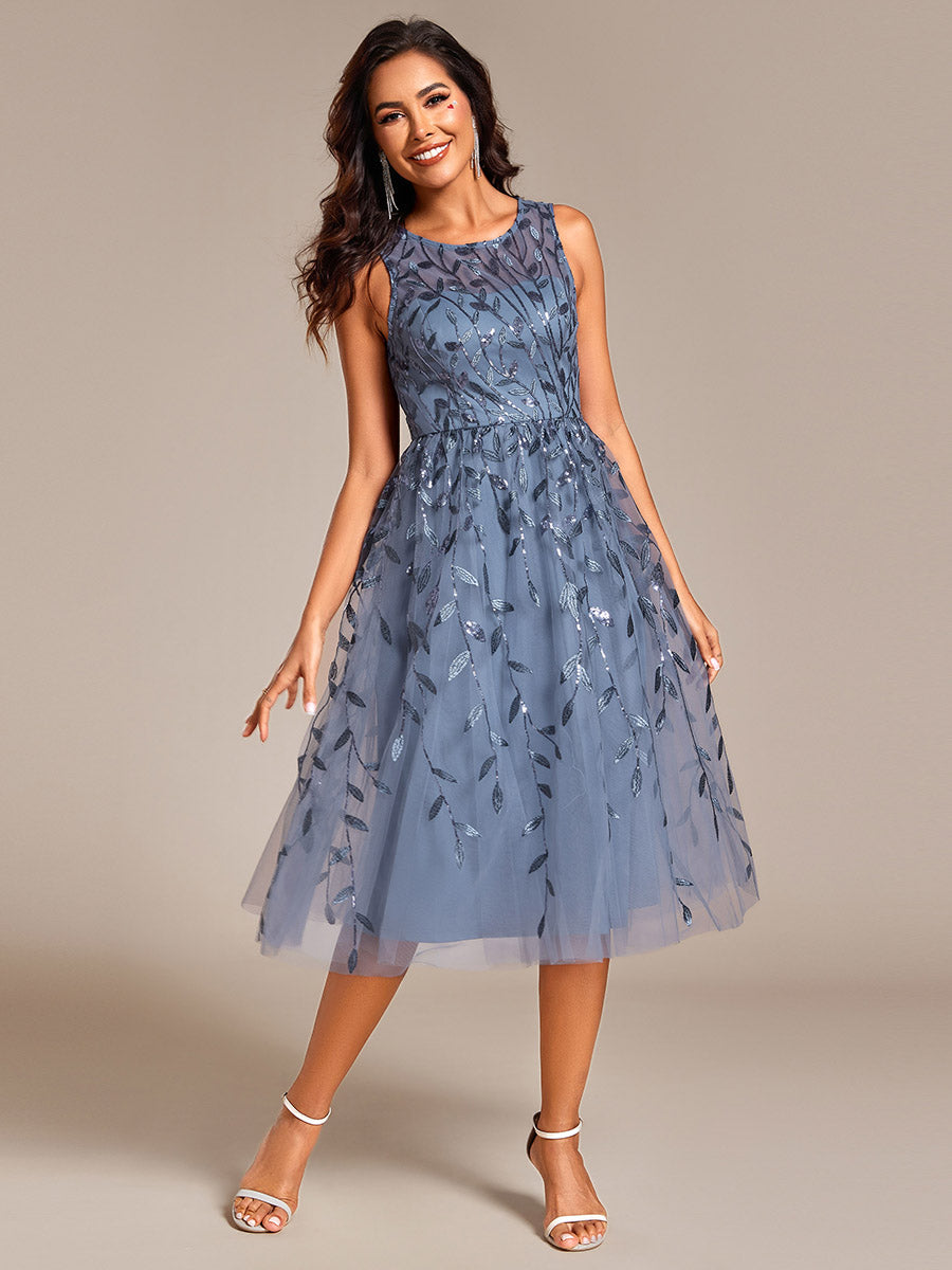 Color= | Exquisite Round Neckline Sleeveless Tulle Sequin Lining Dresses with Jacquard decoration -Dusty Blue 24
