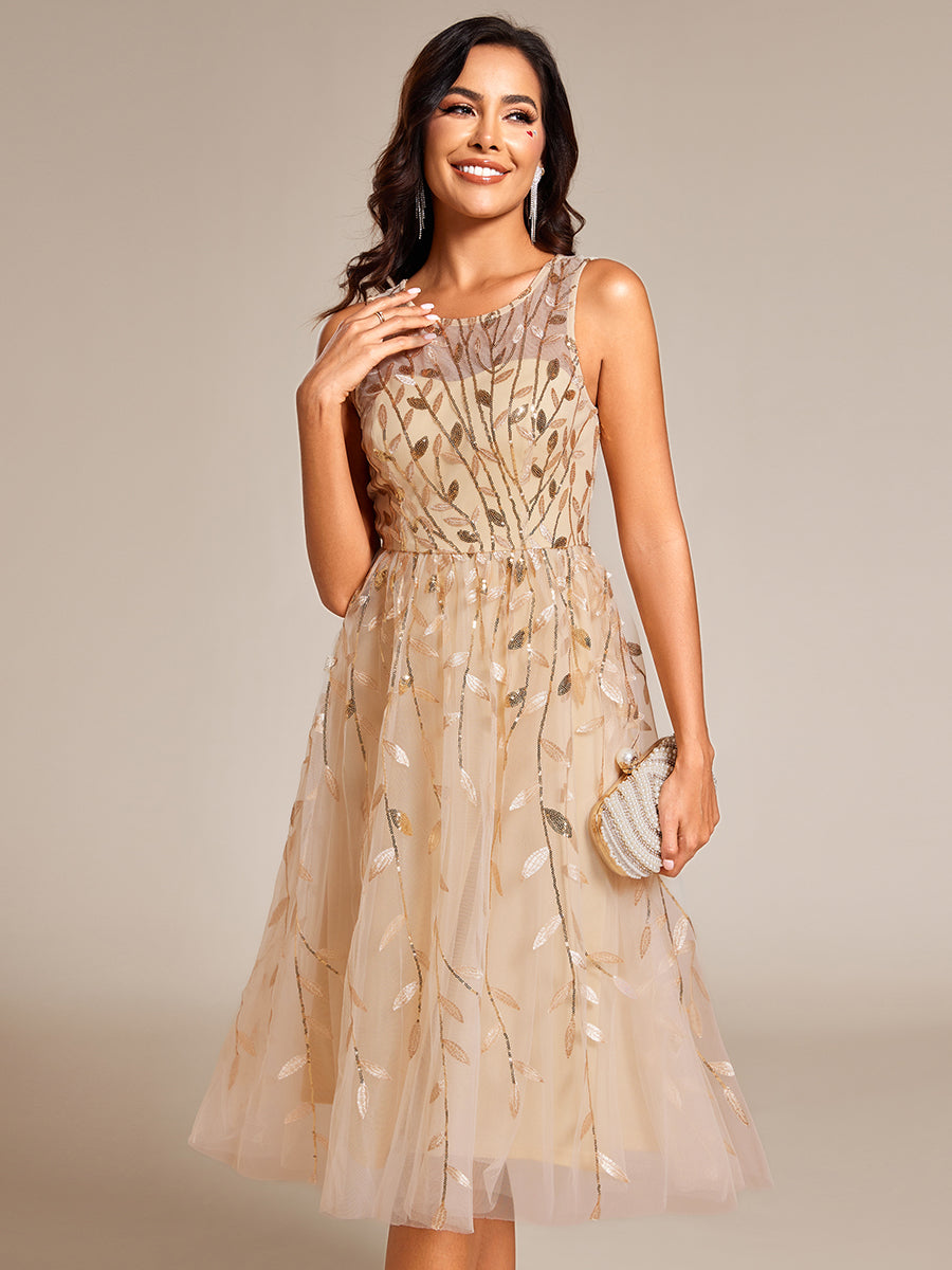 Color=Gold | Exquisite Round Neckline Sleeveless Tulle Sequin Lining Dresses with Jacquard decoration -Gold 30