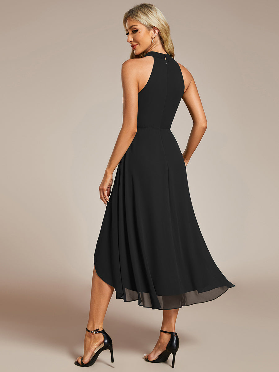 Color=Black | Elegant Halter Neckline Asymmetric Midi Lining Length  fold stream Empire Waist Chiffon Dresses-Black 2