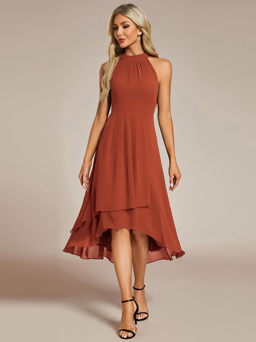 Color=Burnt Orange | Elegant Halter Neckline Asymmetric Midi Lining Length  fold stream Empire Waist Chiffon Dresses-Burnt Orange 3