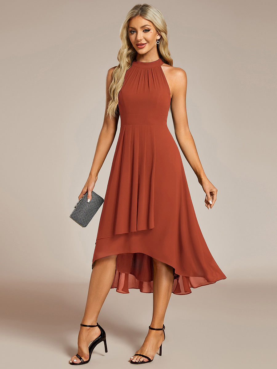 Color=Burnt Orange | Elegant Halter Neckline Asymmetric Midi Lining Length  fold stream Empire Waist Chiffon Dresses-Burnt Orange 1