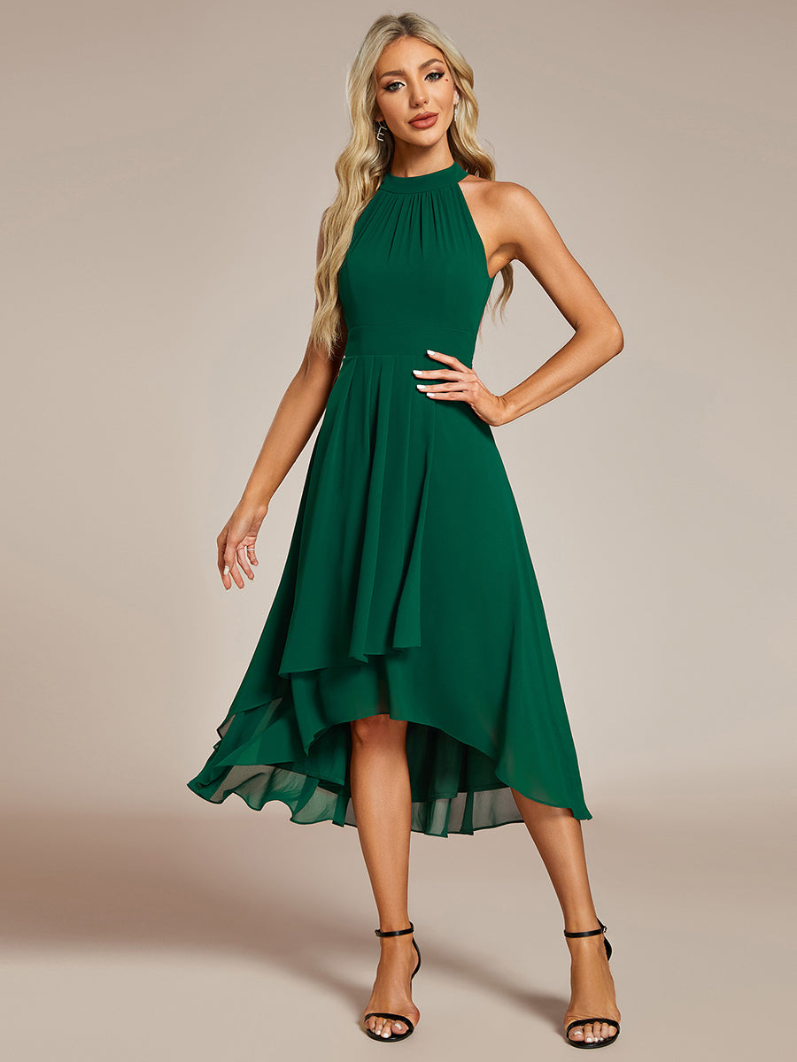 Color=Dark Green | Elegant Halter Neckline Asymmetric Midi Lining Length  fold stream Empire Waist Chiffon Dresses-Dark Green 4
