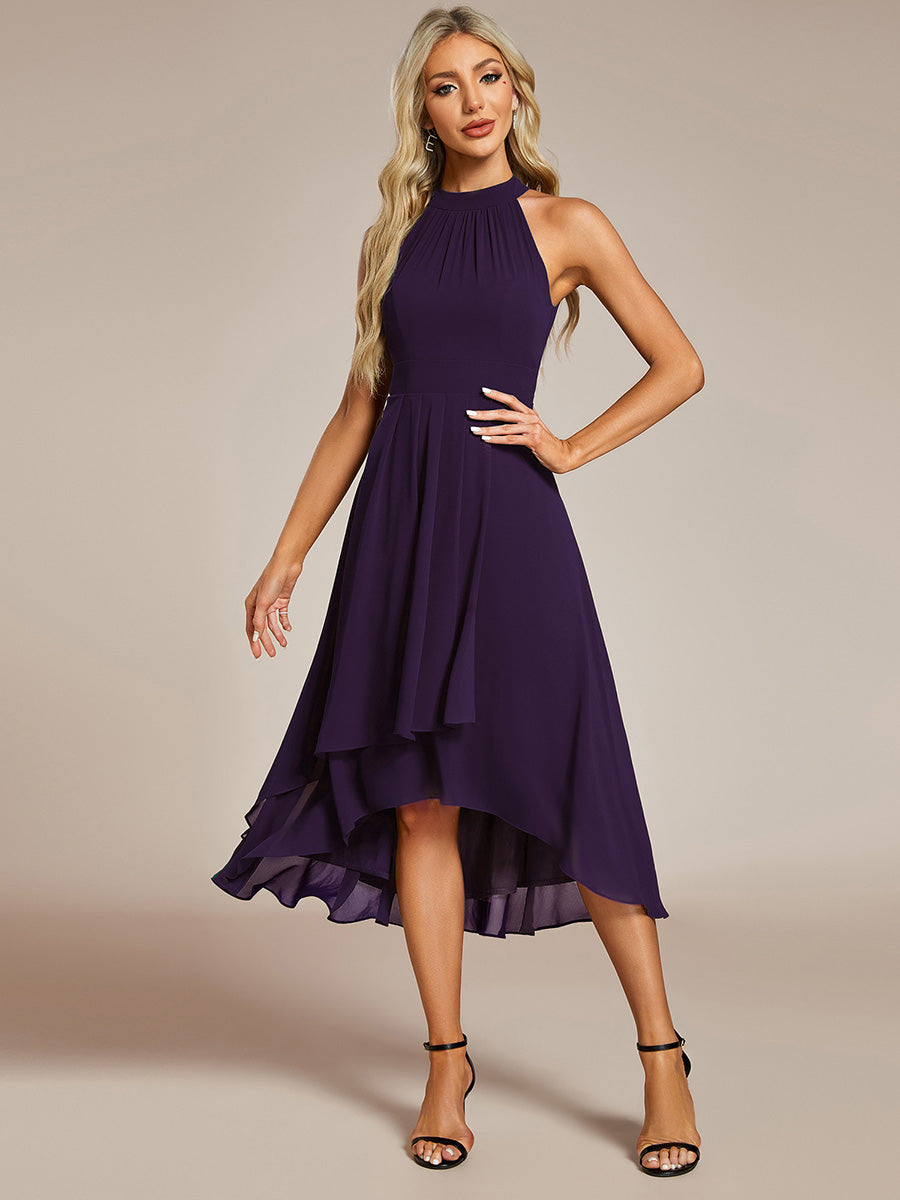 Color=Dark Purple | Elegant Halter Neckline Asymmetric Midi Lining Length  fold stream Empire Waist Chiffon Dresses-Dark Purple 4