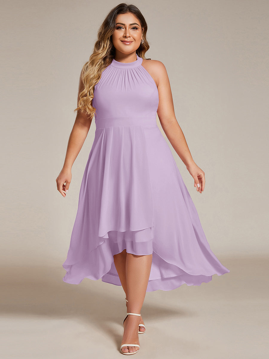 Color=Frosted Lilac | Factory Design Halter Neck Sleeveless Gathered A-Line High-Low Wedding Guest Dresses-Frosted Lilac 6