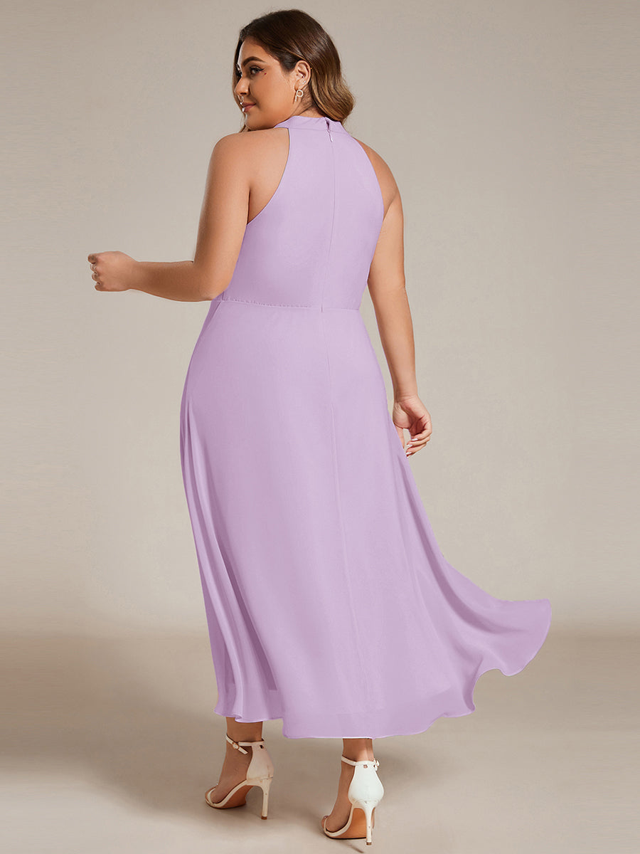 Color=Frosted Lilac | Factory Design Halter Neck Sleeveless Gathered A-Line High-Low Wedding Guest Dresses-Frosted Lilac 7