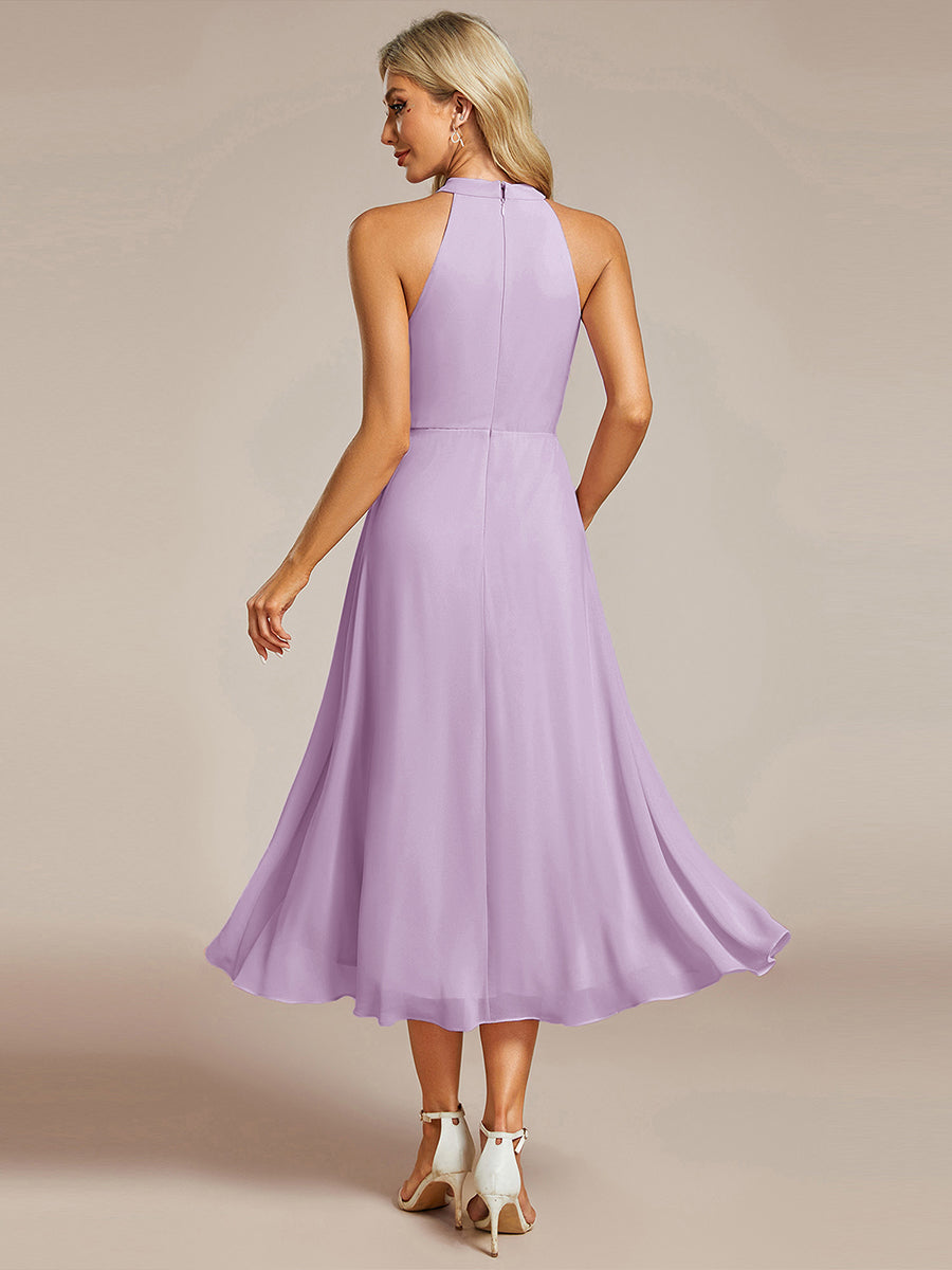 Color=Frosted Lilac | Factory Design Halter Neck Sleeveless Gathered A-Line High-Low Wedding Guest Dresses-Frosted Lilac 2