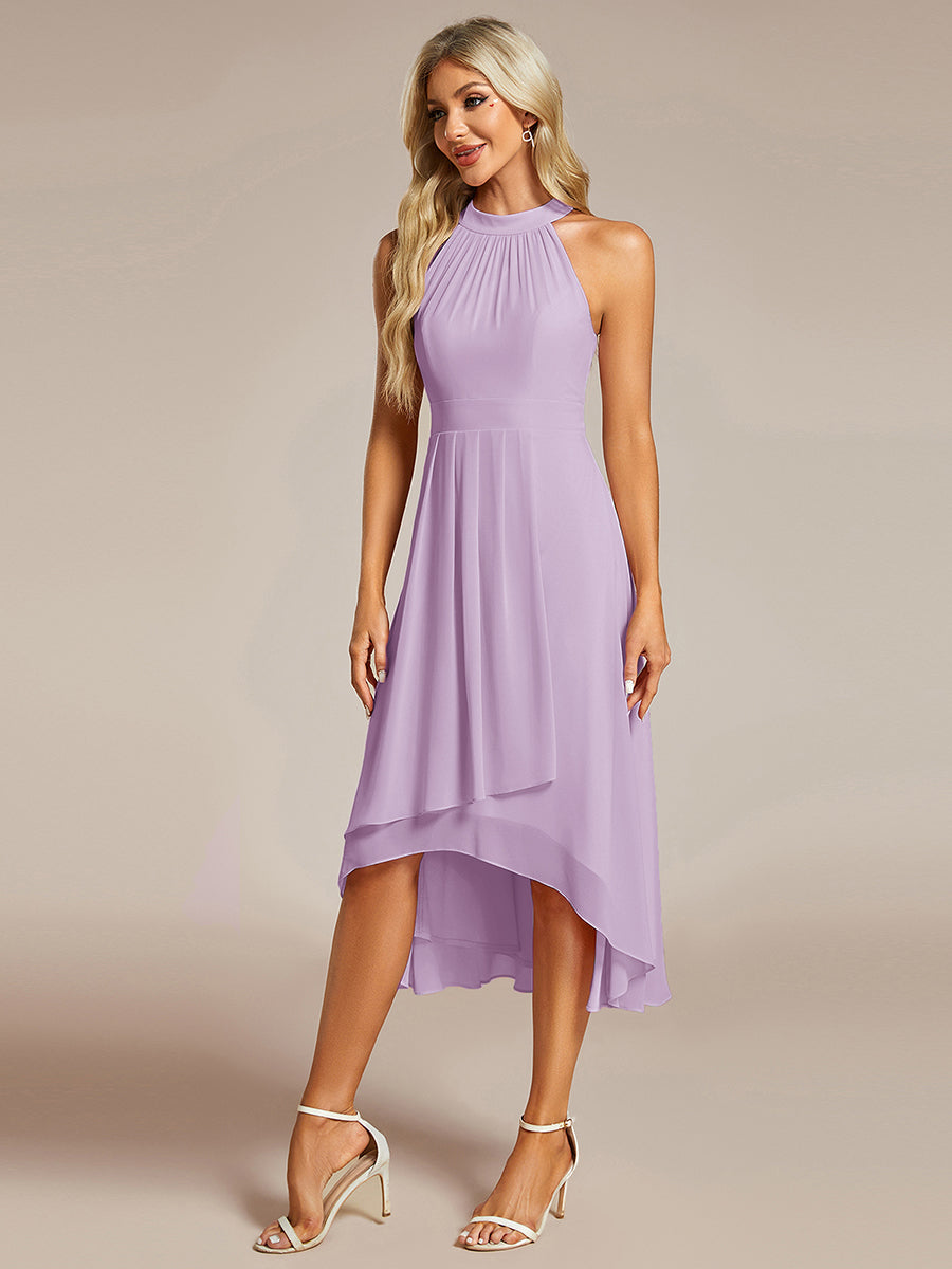 Color=Frosted Lilac | Factory Design Halter Neck Sleeveless Gathered A-Line High-Low Wedding Guest Dresses-Frosted Lilac 4