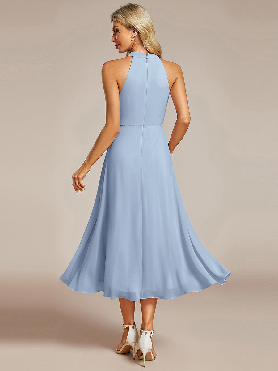 Color=Ice Blue | Elegant Halter Neckline Asymmetric Midi Lining Length  fold stream Empire Waist Chiffon Dresses-Ice Blue 2