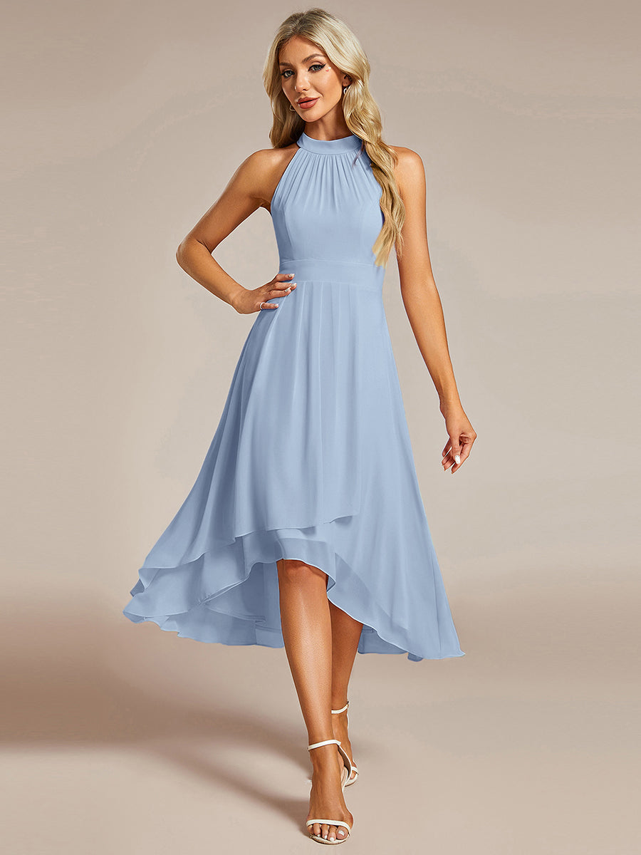 Color=Cornflower Blue | Elegant Halter Neckline Asymmetric Midi Lining Length  fold stream Empire Waist Chiffon Dresses-Cornflower Blue 1