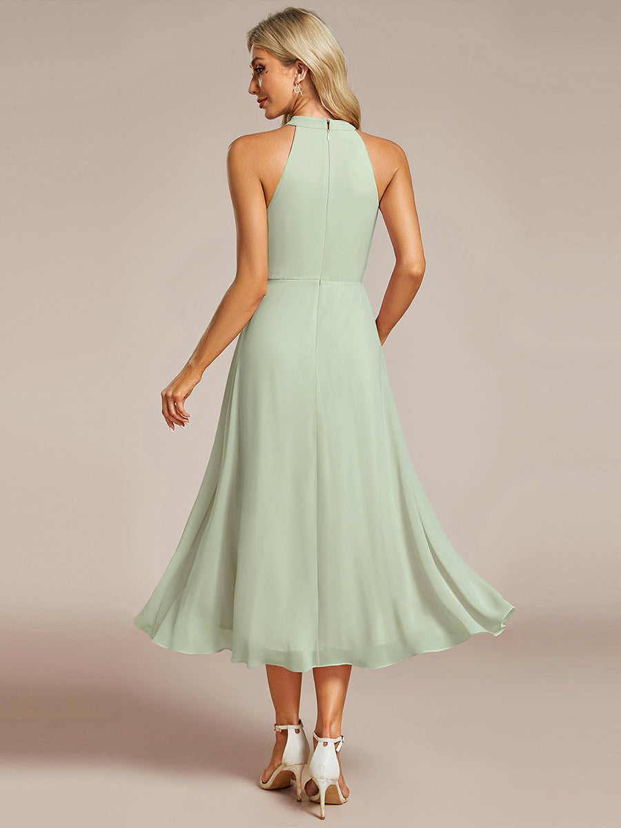 Color=Mint Green | Elegant Halter Neckline Asymmetric Midi Lining Length  fold stream Empire Waist Chiffon Dresses-Mint Green 2