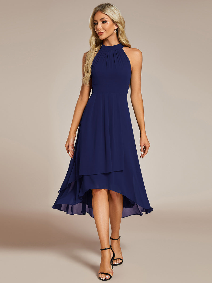 Color=Navy Blue | Elegant Halter Neckline Asymmetric Midi Lining Length  fold stream Empire Waist Chiffon Dresses-Navy Blue 3