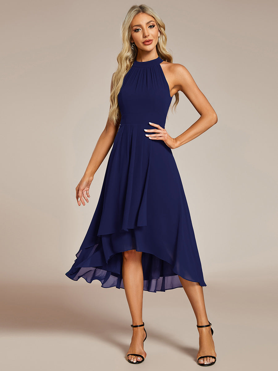 Color=Navy Blue | Elegant Halter Neckline Asymmetric Midi Lining Length  fold stream Empire Waist Chiffon Dresses-Navy Blue 4