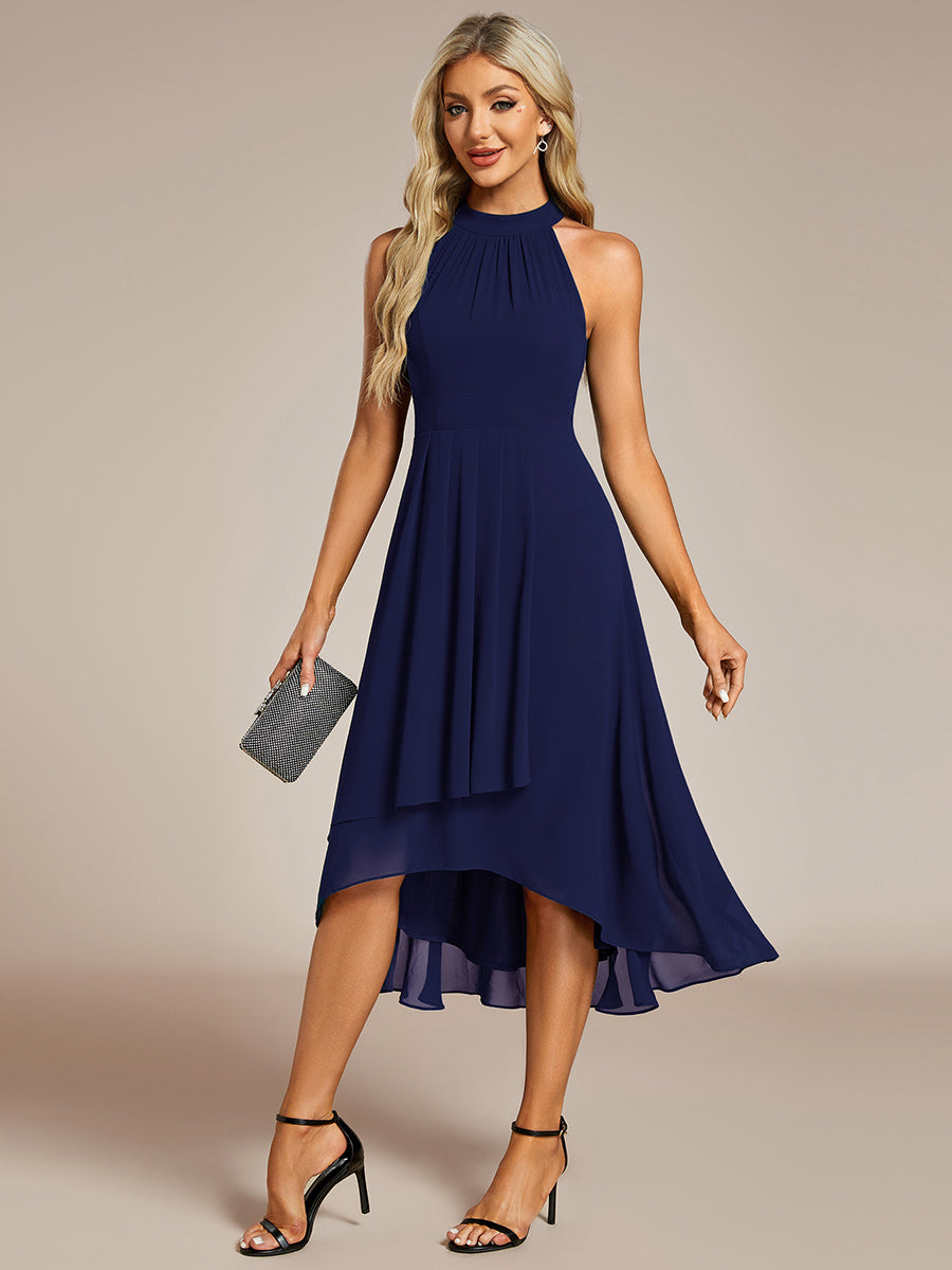 Color=Navy Blue | Elegant Halter Neckline Asymmetric Midi Lining Length  fold stream Empire Waist Chiffon Dresses-Navy Blue 1