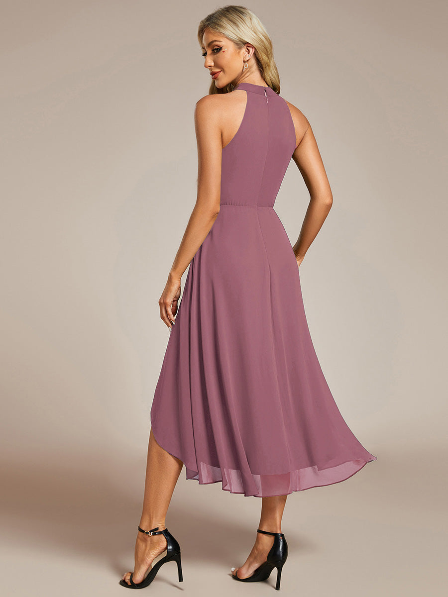 Color=Purple Orchid | Elegant Halter Neckline Asymmetric Midi Lining Length  fold stream Empire Waist Chiffon Dresses-Purple Orchid 2
