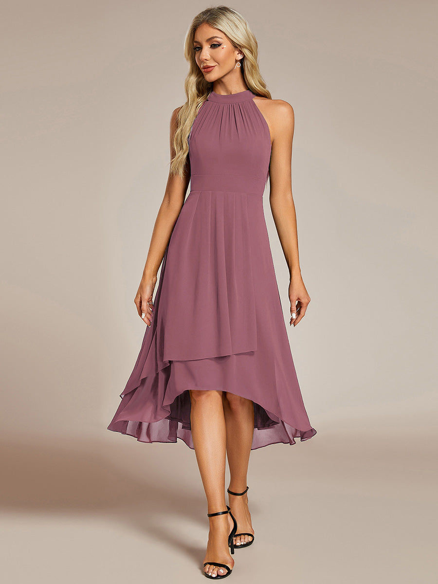 Color=Purple Orchid | Elegant Halter Neckline Asymmetric Midi Lining Length  fold stream Empire Waist Chiffon Dresses-Purple Orchid 3