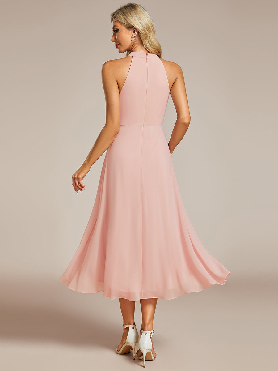 Color=Pink | Elegant Halter Neckline Asymmetric Midi Lining Length  fold stream Empire Waist Chiffon Dresses-Pink 2