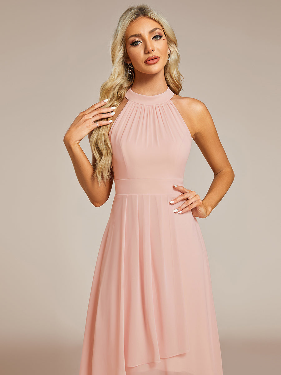 Color=Pink | Elegant Halter Neckline Asymmetric Midi Lining Length  fold stream Empire Waist Chiffon Dresses-Pink 5