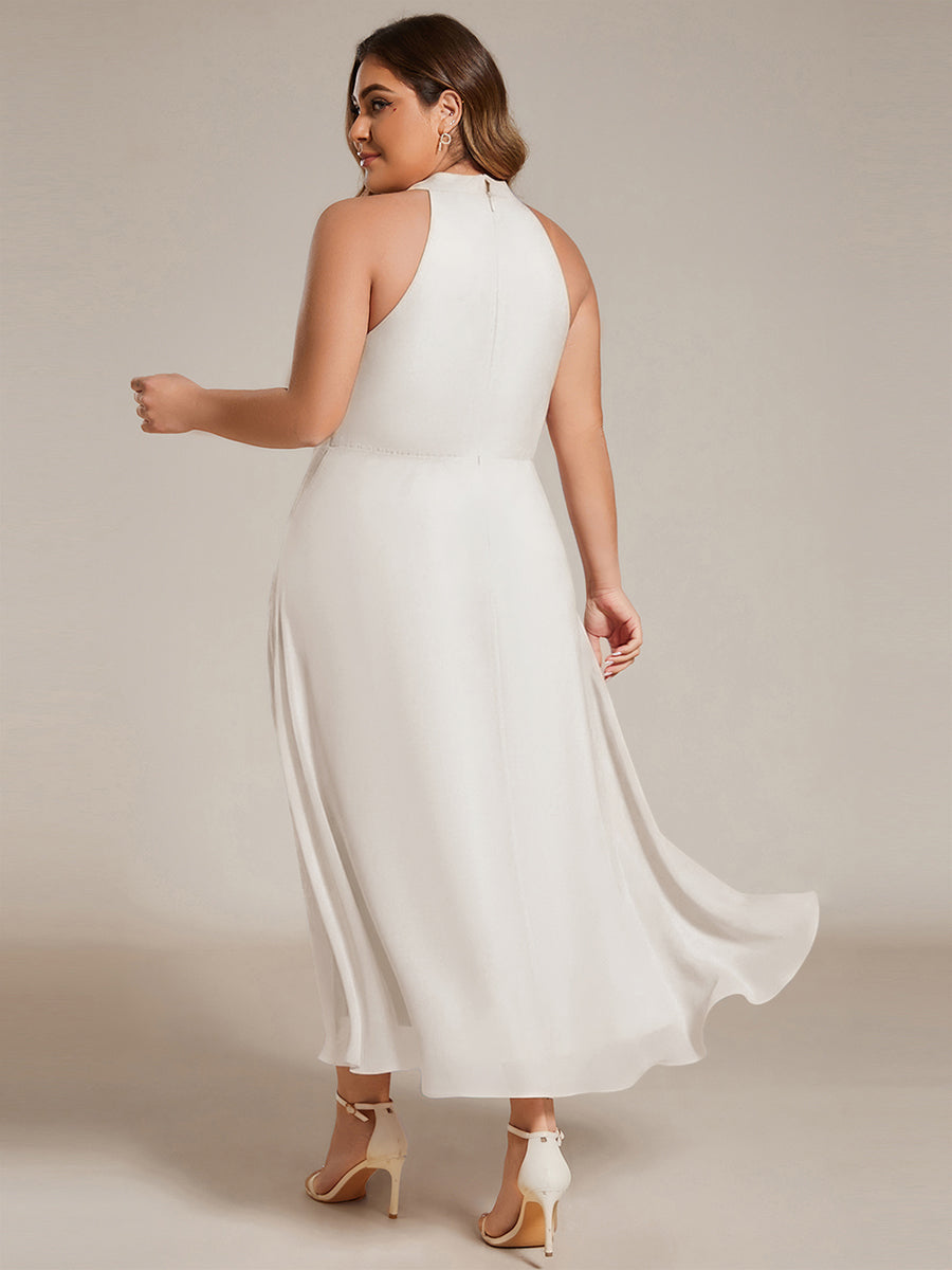Color=White | B2B-Exclusive Halter Neck Sleeveless Gathered A-Line High-Low Wedding Guest Dresses-White 7